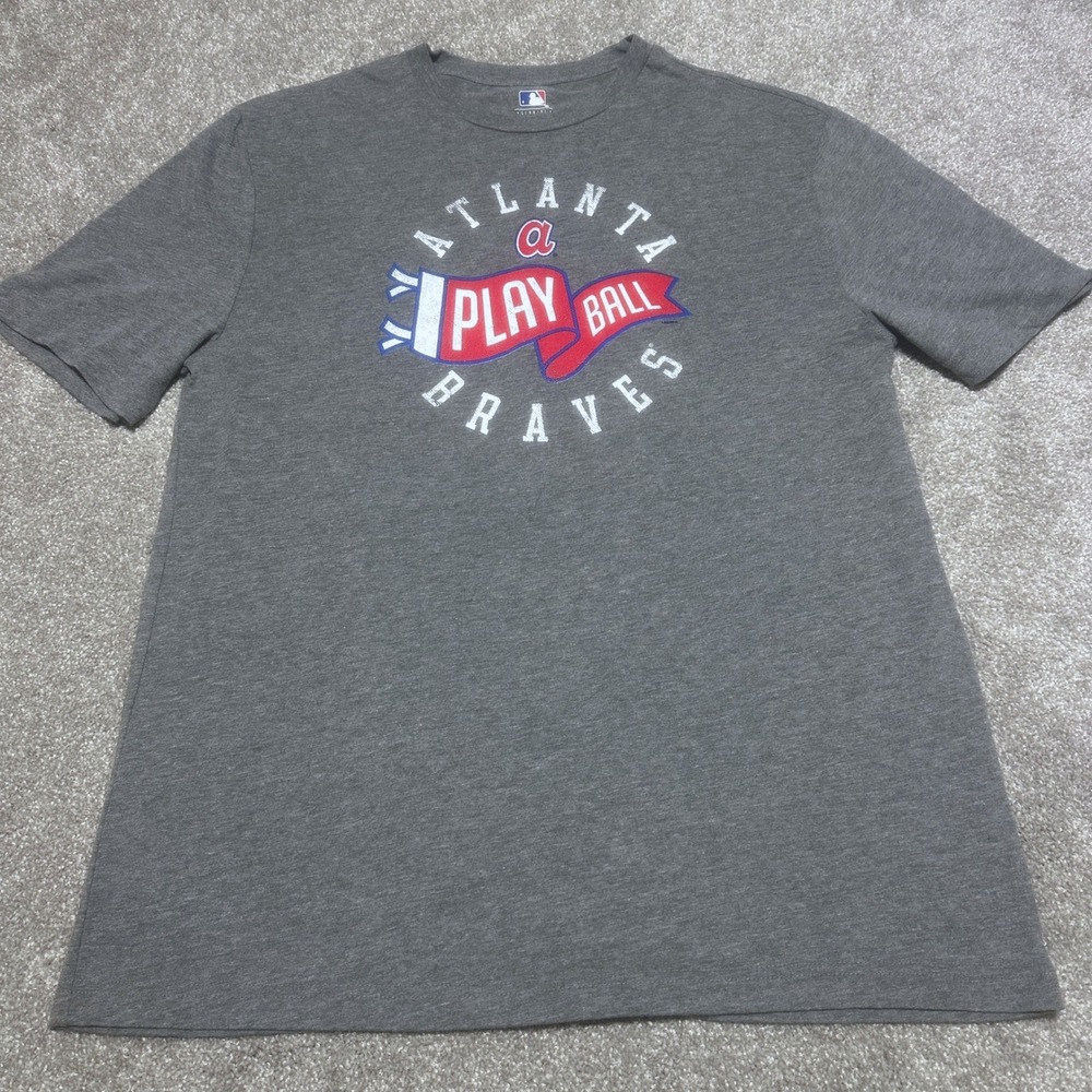 MLB Mens L Atlanta Braves Play Ball Graphic Tee Gray Baseball T-Shirt